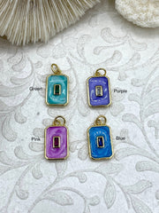 Rectangle Enamel and Gold Pendants with Colorful CZ Center stone, Enamel and Gold Plated Brass, 4 Colors, 15mm x 10mm x 2mm. Fast Ship.