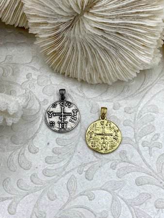 High Quality Brass Greek Charm/Pendant, Plated Brass Greek Symbol Medallion, Burnished Silver or Gold Plated, 19mm, 2 Finishes.Fast Ship