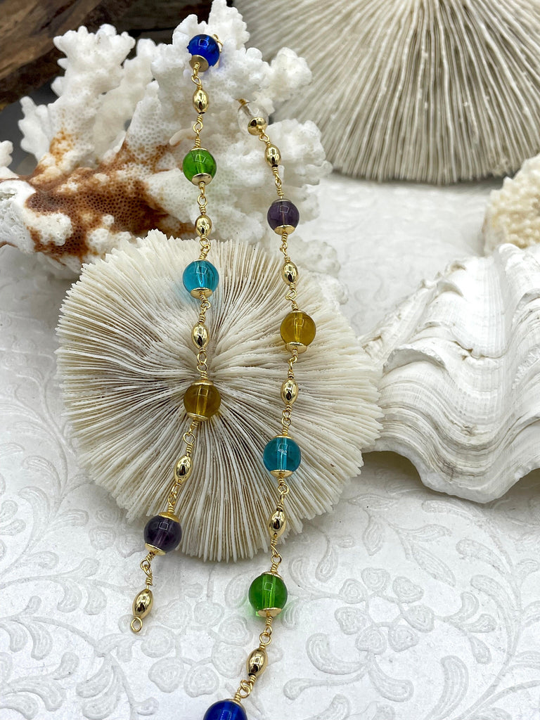 Colorful Round Glass Beaded Rosary, 18K Gold Plated Brass Chain