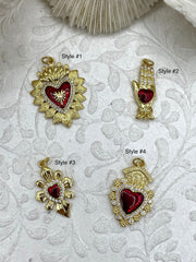 Gold and Red Plated Brass Heart CZ Charms, 4 styles, High Quality Heart Charms, Hand and Heart Red Heart Charms. Fast Ship