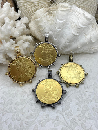 Reproduction French Madagascar Medal Coin Pendant, Coin Bezel, French coin, Art Deco Coin, Gold Coin, 4 bezel colors. Fast Ship