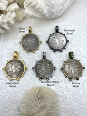 Reproduction French Madagascar Medal Coin Pendant, Coin Bezel, French coin, Art Deco Coin, Silver Coin, 5 bezel colors. Fast Ship
