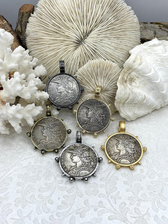 Reproduction French Madagascar Medal Coin Pendant, Coin Bezel, French coin, Art Deco Coin, Silver Coin, 5 bezel colors. Fast Ship