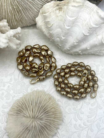 Hand Knotted Vintage Porcelain Bronze Glass Pearl Replica Freshwater,Baroque Shape or Potato Shape, 2 styles, Matte Gold Clasp,16" Fast Ship