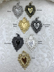 Sacred Heart Pendant, Sacred Heart Charm, Love Charm, Religious Charm 6 finishes, 41mm x 29mm, 2mm thick, Plated Zinc Alloy Heart, Fast Ship