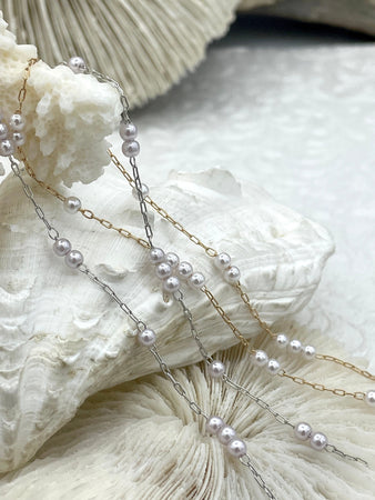 Faux Pearl Beaded Rosary Chain, 3mm White Pearls with Gold or Silver Wire, Dainty Chain, Plated Brass Wire, Sold by the foot, Fast Ship