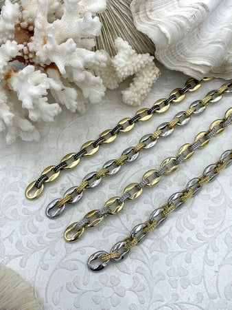 Mixed Link Mixed Metal Textured Cable Chain,Sold by the foot. Brass&Zinc Alloy, Lg Link 15mm x 11mm, Sm Link 11mm x 9mm, 4 styles, Fast ship