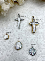 Pearl Charms, Pearl cross charm, Brass Mother of Pearl, 5 Styles, gold or silver, round mother of pearl charms, Fast Ship