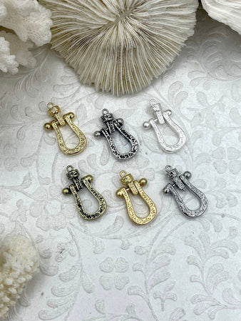 Textured U Shape Clasp, Plated Brass U Lock, 20mm Clasp, Marine Shackle, BRASS, Horseshoe Clasp, U Link, Anchor Shackle, 6 colors. Fast Ship