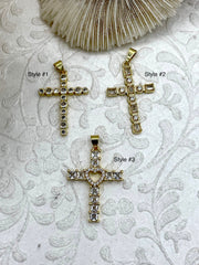 Gold Cross Charms with Cubic Zirconia, Gold Religious Cross, Brass Cross Charm, Gold Cross Pendant with clear CZ, Fast Ship