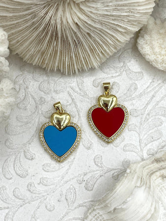 Heart Shaped Blue and Red Enamel and Gold Pendants with CZ, Cubic Zirconia, Blue or Red Enamel Heart, Gold Plated Brass, Fast Ship.