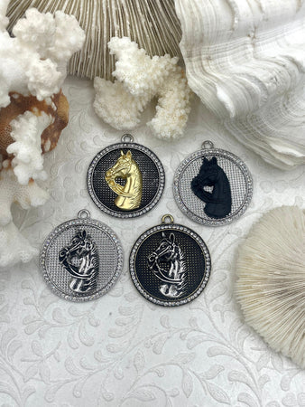 Horse Pendant with CZ, Round Horse Charm, Equestrian Charm, Horse Pendant, Equestrian Pendant, Zinc Alloy & Cubic Zirconia, Fast Ship