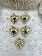 Brass Heart Charms with Colorful CZ, 5 styles, Gold Plated Brass, Brass, Clear CZ and Colorful CZ Heart Pendants, 16mm. Fast Ship