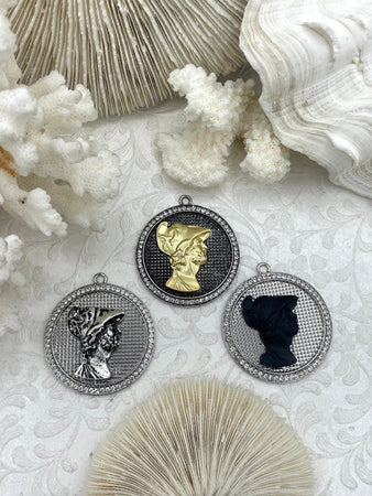 Mixed Metal Roman Figure Pendant with CZ, Round Roman Charm, 3 Styles Roman Figure Pendant, Zinc Alloy & Cubic Zirconia, Fast Ship
