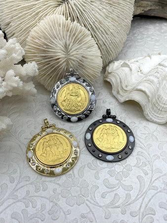 Three Graces Gold Coin Pendant, Reproduction Coin Pendant, Coin Bezel w/CZ - Mother of Pearl, Greek mythology Coin, BBA Original Fast Ship