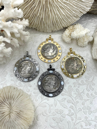 RÉPUBLIQUE FRANÇAISE Silver Coin Pendant, Reproduction French Coin Pendant, Coin Bezel cz-Mother of Pearl, BBA Original, 4 colors Fast Ship