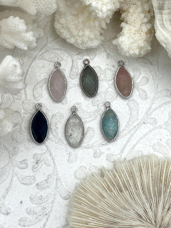 Natural Stone Marquise Shaped Stone Charm with Wrapped Silver Bezel, Brass Bezel, 6 Stone Styles to choose from, Stone Pendant, Fast Ship