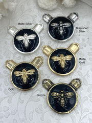 French Bee Black Enamel  Pendants, Enamel and Zinc Alloy, 4 Finishes: Gold, Matte Gold, Bronze, and Burnished Silver.Fast Ship.