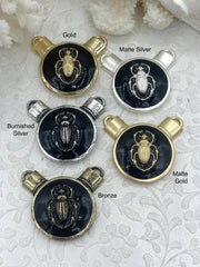 Black Enamel Scarab Pendants, Enamel and Plated Zinc Alloy, Scarab Charms, 3 finishes available, 35mm Pendant, Scarab Jewelry. Fast Ship.