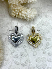 Brass Heart Charm/Pendants with CZ, Heart Pendants, Heart Gold or Silver Plated, Plated Brass Charms with CZ Bale, Gold or Silver, Fast Ship