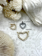 Heart Charms with Pearls, 2 styles, Gold or Silver, Plated Brass Heart Charms with Pearls, Small Silver, Small Gold. Fast Ship