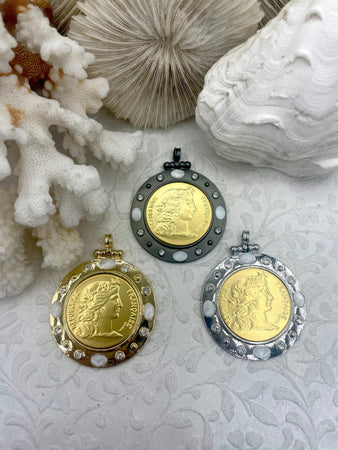 RÉPUBLIQUE FRANÇAISE Gold Coin Pendant, Reproduction French Pendant, Coin Bezel cz-Mother of Pearl, BBA Original, 3 Bezel colors Fast Ship