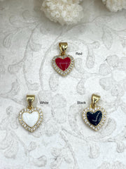 Black Enamel and Gold Heart Pendants with CZ, Gold Heart Charms, Enamel and Gold Plated Brass Pendants with CZ, Fast Ship.