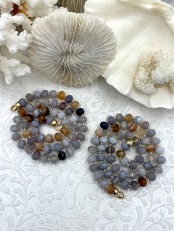 Hand Knotted Faceted Persian Gulf Agate Semi Precious Rondelle Stone Necklace, 16'5" W/Gold or Matte Gold Plated Closed Cap Ends. Fast Ship