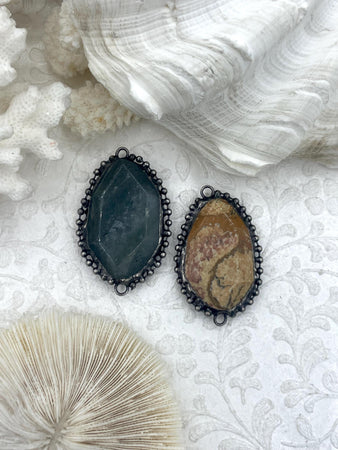 Textured Soldered Natural Stone Connector Pendants, Picture Jasper or Green Jasper, Oval Stone Pendants with Gunmetal Soldering, Fast Ship.