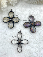 Faceted Soldered Crystal Flower Pendants. 3 styles, Clear and Iridescent Crystal, Copper and Gunmetal Soldering, Wrapped Crystal Fast Ship