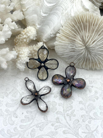 Faceted Soldered Crystal Flower Pendants. 3 styles, Clear and Iridescent Crystal, Copper and Gunmetal Soldering, Wrapped Crystal Fast Ship
