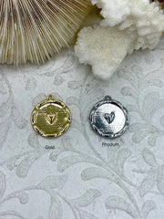 High Quality Brass Heart Charm, Gold or Rhodium Heart Pendant, Small Heart Charm, Heart Embossment Brass Pendant, 16.5mm round, Fast Ship