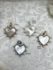 Mother of Pearl Spike Heart CZ Charm, Cubic Zirconia charm, MOP Charms, Brass Mother of Pearl, 4 finishes available, Fast Ship