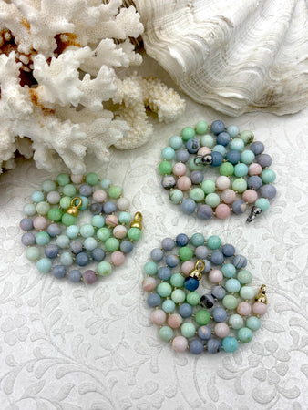 Peruvian Colorful Pastel Opal Hand Knotted Necklace, 17",Round Stones 8mm, Gold, Matte Gold, Rhodium Finished Ends, Candy Necklace,Fast Ship