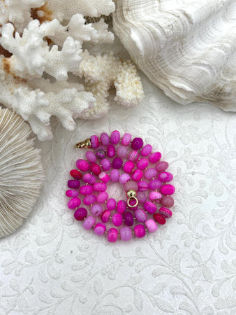 Peruvian Hot Pink Opal Hand Knotted Necklace, 17" Long, Rondelle Stones, Approx 8mm x 5mm with Gold Finished Ends, Candy Necklace, Fast Ship