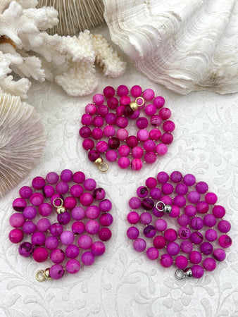 Peruvian Hot Pink Opal Hand Knotted Necklace, 17", Round Stones 8mm, Gold, Matte Gold, or Rhodium Finished Ends, Candy Necklace, Fast Ship