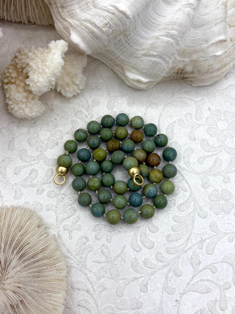 Peruvian Olive Green Opal Hand Knotted Necklace, 17" Long, Round Stones 8mm with Matte Gold Finished Ends, Candy Necklace, Fast Ship