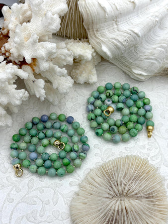 Peruvian Green Opal Hand Knotted Necklace, 17" Long, Round Stones 8mm with Gold or Matte Gold Finished Ends, Candy Necklace, Fast Ship
