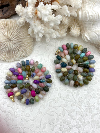 Peruvian Colorful Opal Hand Knotted Necklace, 17", Rondelle Stones 9mmx6mm with Gold or Matte Gold Finished Ends, Candy Necklace, Fast Ship
