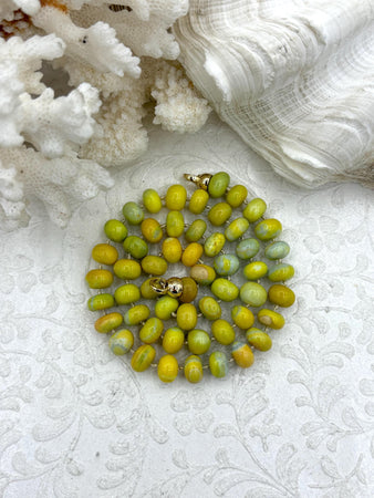 Peruvian Chartreuse Opal Hand Knotted Necklace, 17" Long, Rondelle Stones 8mmx5mm with Gold Finished Ends, Candy Necklace, Fast Ship