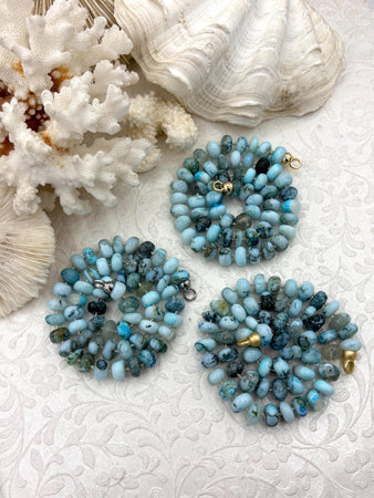 Peruvian Mixed Blue Opal Hand Knotted Necklace, 17", Rondelle Stones ~10mmx5mm, Gold, Matte Gold, Rhodium Caps Candy Necklace, Fast Ship
