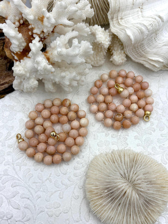Peach Peruvian Opal Hand Knotted Necklace, 17" Long, Round Stones, 10mm with Gold or Matte Gold Finished Ends, Candy Necklace, Fast Ship