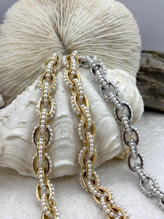 Zinc Alloy Multilink Pearl chain,3 Finishes, Gold,Matte Gold, Rhodium,Electroplated Zinc Alloy Chain,White Pearls,Sold By the Foot,Fast Ship