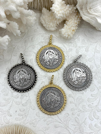 Silver Horse coin, Horse Pendant with Textured Bezel, 4 Bezel Finishes, Brass coin, Zinc Alloy Bezel with Jump Ring, Fast Ship