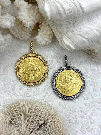 Silver Horse coin, Horse Pendant with Textured Bezel, 4 Bezel Finishes, Brass coin, Zinc Alloy Bezel with Jump Ring, Fast Ship