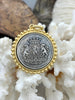 Image of Silver Shield Coin, Shield Pendant with Textured Bezel, 4 Bezel Finishes, Brass coin, Zinc Alloy Bezel with Jump Ring, Fast Ship