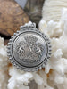 Image of Silver Shield Coin, Shield Pendant with Textured Bezel, 4 Bezel Finishes, Brass coin, Zinc Alloy Bezel with Jump Ring, Fast Ship