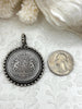 Image of Silver Shield Coin, Shield Pendant with Textured Bezel, 4 Bezel Finishes, Brass coin, Zinc Alloy Bezel with Jump Ring, Fast Ship