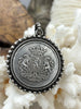 Image of Silver Shield Coin, Shield Pendant with Textured Bezel, 4 Bezel Finishes, Brass coin, Zinc Alloy Bezel with Jump Ring, Fast Ship