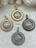Image of Silver Shield Coin, Shield Pendant with Textured Bezel, 4 Bezel Finishes, Brass coin, Zinc Alloy Bezel with Jump Ring, Fast Ship